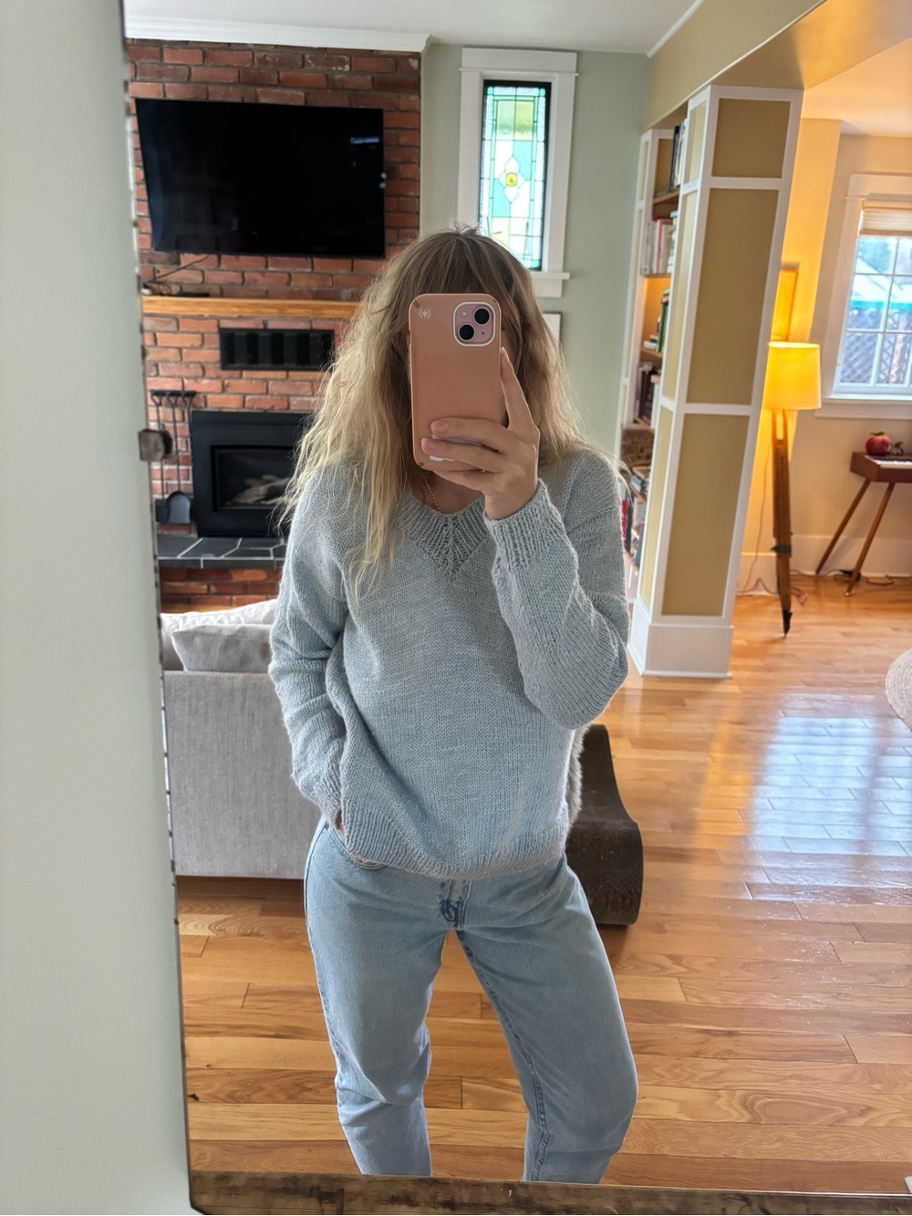 Hand knit merino wool soft grey v-neck sweater
